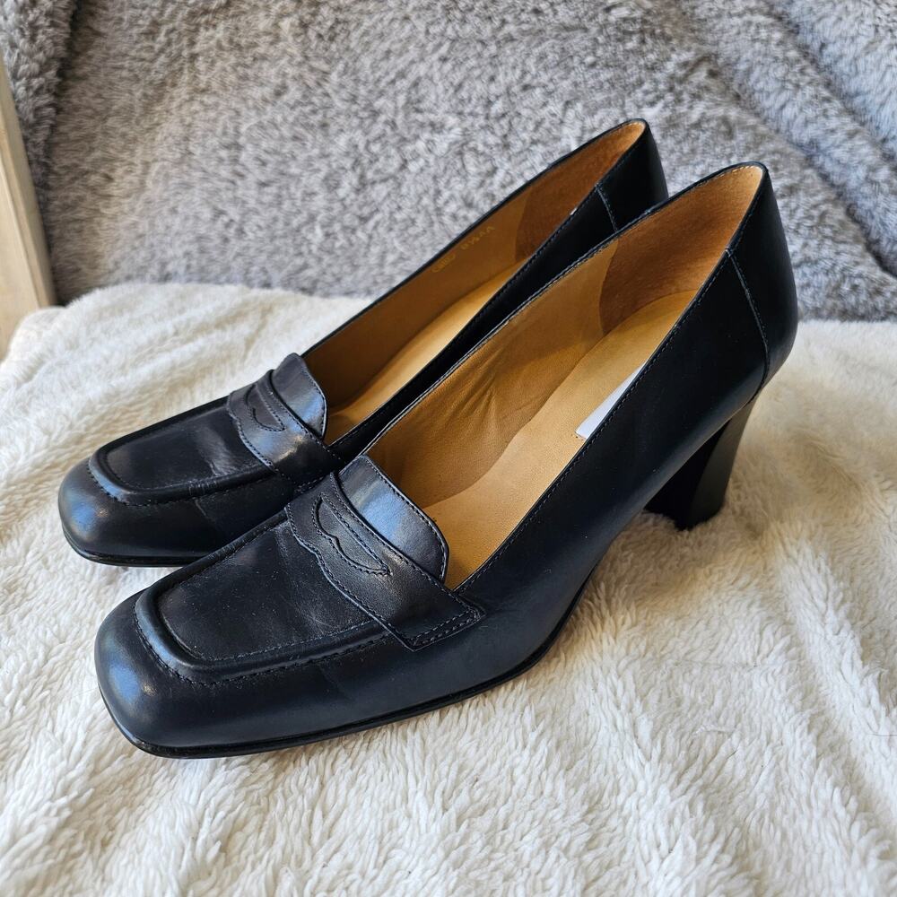 Vintage UNISA High Heel Black Leather Penny Loafer Pumps‎ Secretary Womens 8.5AA